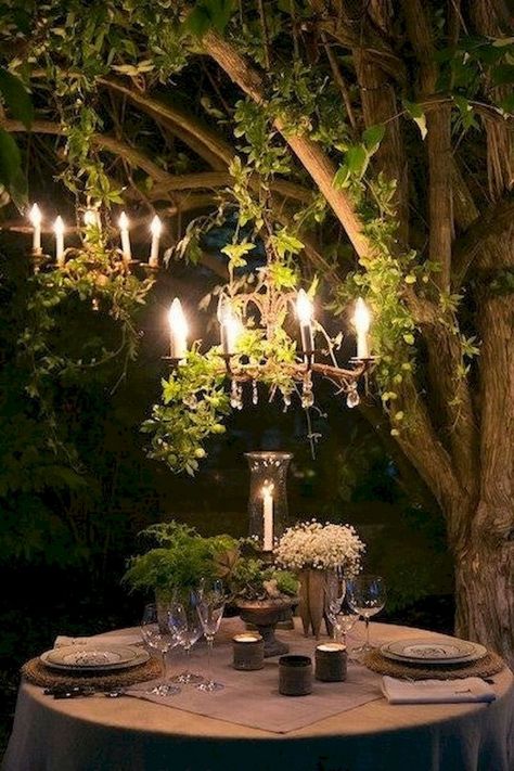 Add a chandelier or two to the tree.  Set a table with linen, china, flatware, stemware, and a hurricane glass candle.  Add tea lights and a moss & fern centerpiece. Jardin Style Shabby Chic, Shabby Chic Garden, Outdoor Dinner, Have Inspiration, Romantic Dinners, Decor Minimalist, Outdoor Rooms, Outdoor Entertaining, Dream Garden