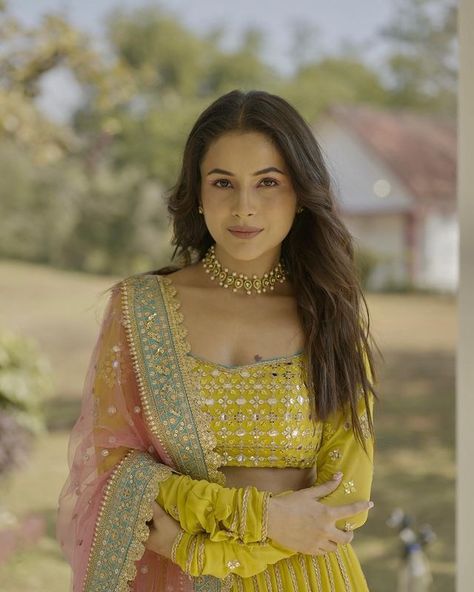 Shehnaaz Gill (@shehnaazgill) • Instagram photos and videos Shehnaaz Gill, Haldi Outfits, Simple Lehenga, Yellow Lehenga, Indian Party Wear, Casual Indian Fashion, Party Wear Lehenga, Latest Sarees, Designer Lehenga Choli