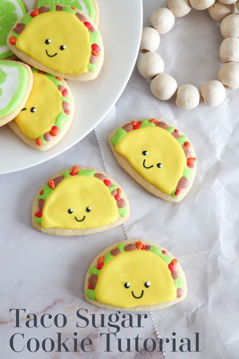 Taco Sugar Cookie Tutorial | The Taylor House Taco Shaped Cookies, Sugar Cooking Icing, Taco Cookies, Cookie Icing That Hardens, Coconut Oil Cookies, Shaped Sugar Cookies, Taco Birthday, Dessert Taco, Mexican Desserts