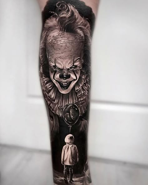 Stephen King Tattoos, Pennywise Tattoo, Horror Sleeve, Revelation Tattoo, Horror Movie Tattoos, Horror Tattoos, Clown Tattoo, Movie Tattoos, Scary Tattoos