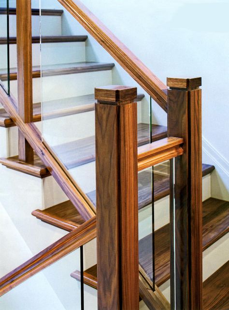 Walnut & Glass Stairway Wooden Staircase Railing, Glass Staircase Railing, Wooden Staircase Design, Staircase Architecture, Baddie Bedroom, Interior Stair Railing, Wood Handrail, Staircase Design Modern, Glass Railings