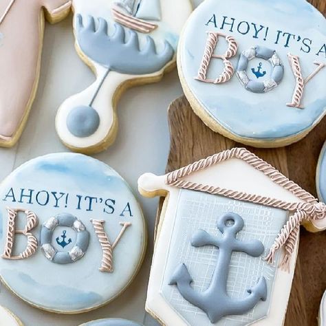 TheBatch on Instagram: "Full set of ‘Ahoy it’s a Boy’ cookies. I loved getting to incorporate some watercolor into these. Do you guys like to paint on your cookies as much as I do???💙⚓️💙⚓️💙⚓️ . . . . . . . . . #cookiedecorating #cookiedecorator #cookier #cookies #royalicingflowers #sugarcookiesofinstagram #cookiesofinstagram #cookieart #edibleart #royalicingcookies #decoratedsugarcookies #royalicing #sugarcookies #customcookies #designercookies #watercolor #babyshower #ahoyitsaboy #customsugarcookies #decoratedcookies #sugarart #cookieartist #foodiesofinstagram #foodie #foodies #buzzfeedfood #talentedcookiers" Ahoy It’s A Boy Cookies, Nautical Baby Shower Cookies, Nautical Cookies Decorated, Boat Cookies, Nautical Cookies, Decorated Biscuits, Cookies Decoration, No Bake Sugar Cookies, Royal Icing Flowers