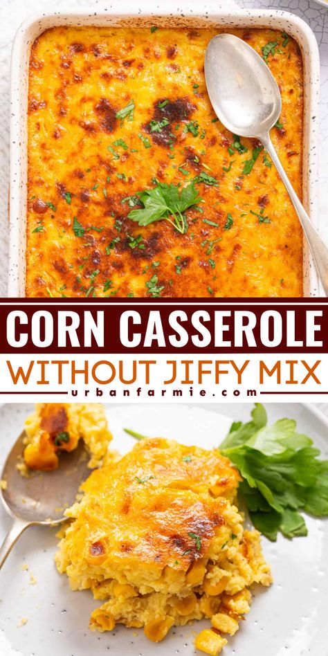 This corn casserole without jiffy blends sweet and creamed corn into a savory, golden delight. Seasoned with a hint of nutmeg and garnished with parsley, this is pure homemade goodness. Corn Casserole With Corn Meal, Joanna Gaines Corn Casserole, Corn Souffle Casserole, Corn Souflee Recipes Jiffy, Corn Casserole Without Cream Corn, Corn Casserole No Jiffy, Corn Flake Casserole, Corn Casserole Recipe Without Jiffy, Corn Casserole For A Crowd