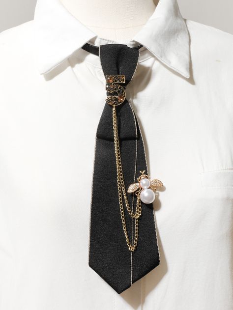 Black  Collar  Polyester Plain Tie Embellished   Women Accessories Tie Aesthetic Woman, Tie Outfit For Women, Women Neck Tie, Pearl Tie, Insect Decor, Tie Outfit, Necktie Crafts, Make A Tie, Tie Crafts