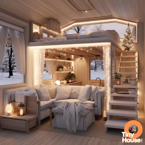 Cottage Luxury Interior, Winter Tiny House, Tiny House Mansion, Fun Rooms In Houses, Luxurious Tiny Home, Luxury Tiny House Interior, Bedroom Ideas For Parents, Aesthetic Tiny House, Tiny House Aesthetic