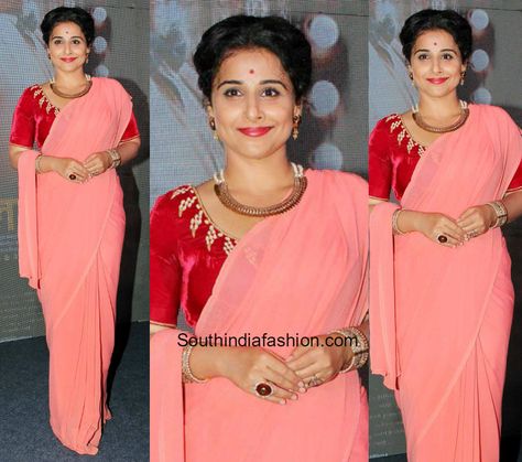 Vidya Balan in a plain saree Peach Color Saree Contrast Blouse, Saree Contrast Blouse, Front Blouse Designs, Desi Design, Peach Color Saree, Peach Saree, Vidya Balan, Plain Saree, Simple Sarees