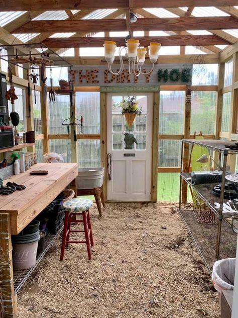 Greenhouse Kitchen Ideas, Decorated Greenhouse, Greenhouse Inside Ideas, Greenhouse Playhouse, Shed With Greenhouse Attached, Greenhouse Organization Ideas, Greenhouse Floor Ideas, Greenhouse Interior Ideas, Shed With Greenhouse