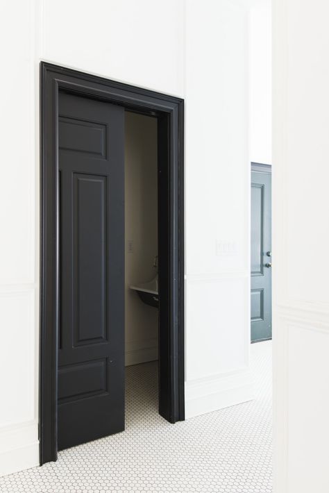 Black Door Interior, Black Powder Room, Interior Pocket Doors, Black Interior Doors, New Garage, Black Interior Design, Bedroom Door Design, Coastal Interiors Design, Toilet Door