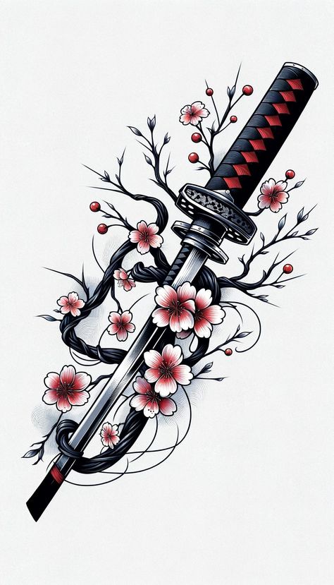 Japanese Cherry Tree Tattoo, Japan Tree Tattoo, Black And Red Japanese Tattoo, Japanese Tattoo Art Draw, Japanese Cherry Blossom Tree Tattoo, Japanese Tree Tattoo, Katanas Japonesas Tattoo, Tattoo Cherry, Arrow Tattoos For Women