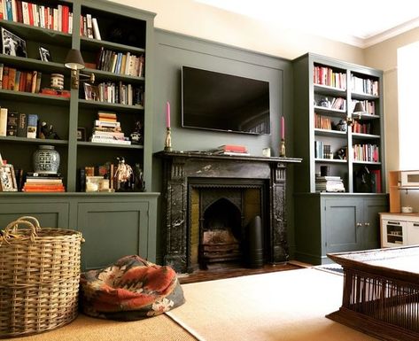 Victorian Library Study, Alcove Ideas Living Room, Victorian Library, Family Living Room, Victorian Fireplace, Flashback Friday, Cosy Living Room, Paint Colour, Dark Interiors