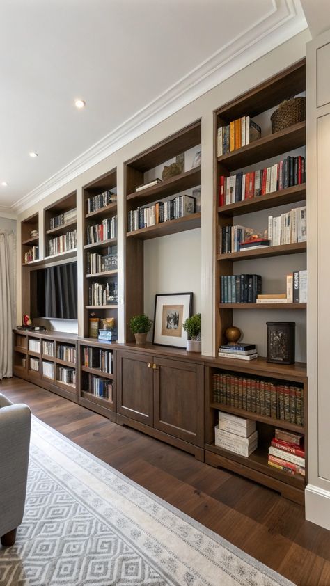 Tiny Living Room Ideas Small Basement Library, Wood Bookcases In Living Room, Small Library Living Room, Sofa In Front Of Bookcase, Closet In Living Room, Bookshelf With Tv, Tv And Bookshelf Wall, Living Room With Library, Living Room Organization Ideas