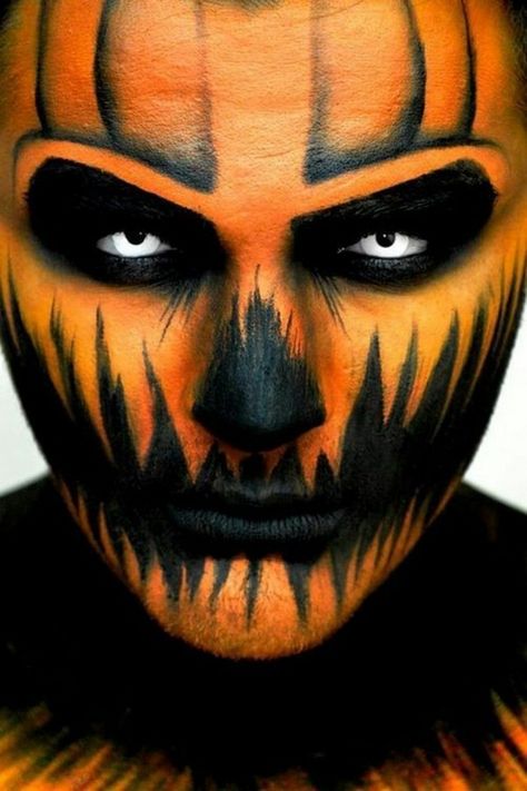 Halloween Makeup Ideas For A Horror Exciting Men Face - http://decor10blog.com/decorating-ideas/halloween-makeup-ideas-for-a-horror-exciting-men-face.html Pumpkin Makeup, Pumpkin Face Paint, Den Mrtvých, Makeup Zombie, Halloween Gesicht, Halloweenský Makeup, Kostuum Halloween, Makeup By, Halloween Makeup Scary