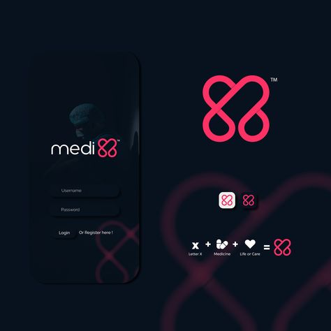 Letter X + Medicine + Heart logo design concept. :: Behance Medic Logo Design, Health Branding Design, Health Logo Inspiration, Logo Concept Ideas, Health Logo Ideas, Heart Logo Design Ideas, Medicine Logo Design, Medicine Branding, Healthcare Logo Design