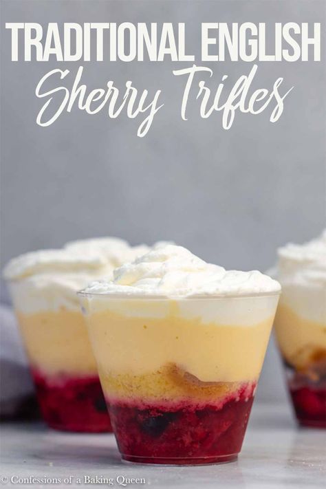 Mini English Sherry Trifles are the perfect make-ahead dessert. Filled with berries, pound cake, a sherry soak, Birds Custard and topped with fresh whipped cream. Make all the components ahead of time and make it a fun assembly line of trifle making! All you need are Mixed Berries, Pound Cake, Orange Juice and Sherry, Custard and Whipped Cream to make this Sherry Trifle Recipe!  #triflerecipe #sherrytrifles #englishstrifle #britishpuds Bird Custard Recipes, Birds Custard Recipes, Custard Recipes Desserts, British Trifle Recipe, Birds Custard, Sherry Trifle, Bird's Custard, British Party, Cake Orange