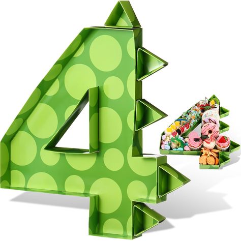 PRICES MAY VARY. Dinosaur Party Supplies: these cute green dinosaur pattern cardboard numbers fillable for food are ideal as table decoration or as decorative boxes for snack dishes on boy's dinosaur birthday bashes, baby shower celebrations, gender reveal parties, and more important day celebrations; We provide 5 triangular boxes for dinosaur horns, will definitely make your party eye catching and more attractive Size Information: with dimensions of approximately 13.7 inches in height, 12 inche Dinosaur Diy Decorations Party Ideas, Purple Dinosaur Birthday Party, Dino 4th Birthday Party, Three Rex Birthday Party Boy Decorations, Roar Im 4 Birthday, Dino Four Birthday Party, Charcuterie Birthday Party, 3 Rex Birthday Party Boy, Dino Birthday Party Decoration