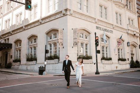 Michelle & Collen | Engagement Session Hotel Kansas City Portrait Album, Downtown Kansas City, City Downtown, Poses Couple, City Engagement Photos, Elegant Couple, City Engagement, Couple Poses, Beautiful Architecture