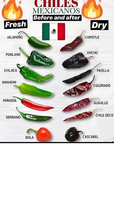 This chart shows fresh peppers and their dried counterpart used in Mexican cuisine. Chile Pasilla, Baking Tips, Anaheim, Mole, Peppers, Wall Decal, Cooking Tips, Cooking And Baking, Chili