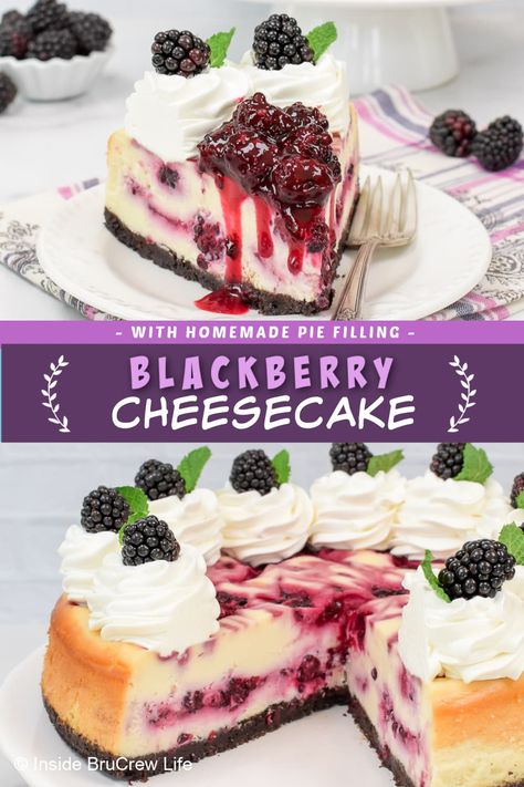 This Blackberry Cheesecake is the perfect dessert for any occasion. It has a chocolate crust and a vanilla cheesecake with swirls of homemade blackberry pie filling. The delicious combo will have you wanting more! Blackberry Pie Filling, Chocolate Graham Cracker Crust, Blackberry Dessert, Blackberry Cheesecake, Raspberry Brownies, Yummy Cheesecake, Blackberry Pie, Gluten Free Pastry, Birthday Cake Decorating Ideas