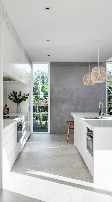 Gray White Kitchen with Gray Floor and All White Cabinets Grey Marble Kitchen, Grey Kitchen Floor, Modern Kitchen Design Grey, Gray And White Kitchen, White Kitchen Design, House Design Kitchen, White Modern Kitchen, Grey Flooring, Grey Kitchens