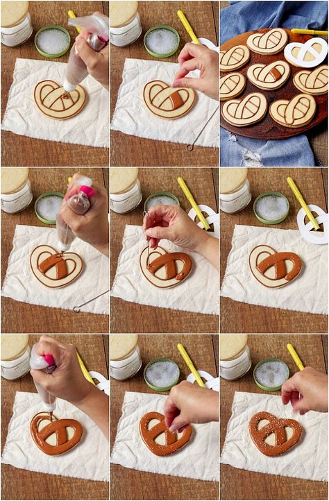 How to Make Easy Pretzel Cookies with Royal Icing | The Bearfoot Baker Pretzel Cookies Decorated, Oktoberfest Decorated Cookies, Octoberfest Cookies Decorated, Oktoberfest Cookies Decorated, Oktoberfest Cookies, Icing Cookies Tutorial, How To Make Pretzels, Decorated Pretzels, Snack Cookies