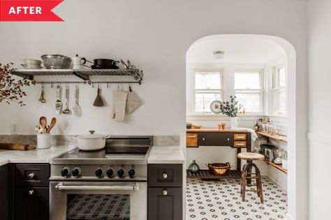 After: Bright, modern farmhouse-style kitchen with black and white tile floors Black And White Tile Kitchen Floor Vintage, 1920 Kitchen Design, Black And White Kitchen Tile, Black And White Tile Kitchen, 1920’s Kitchen, 1920s Kitchen Remodel, 1920 Kitchen, Vintage Kitchen Tile, White Tile Kitchen Floor