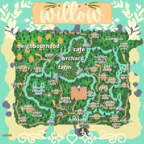 Animal Crossing Island Map, Acnh Maps, Cottagecore Acnh, Cottagecore Animals, Island Layout, Cottagecore Ideas, Cottagecore Animal Crossing, Dream Address, Dream Code