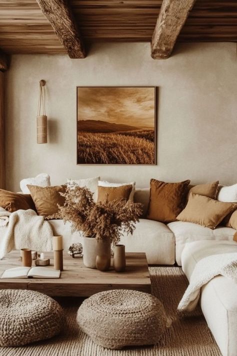 Bring warmth to your home with cozy, earthy tones and natural textures. #EarthyDecor #CozyInteriors #WarmSpaces Interior Design Earthy, Brown And Green Living Room, Beige Shades, Earthy Living Room, Earthy Decor, Warm Browns, Sculptural Furniture, Cozy Interiors, Earthy Home