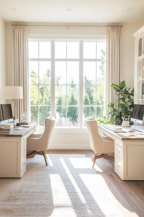 20 Double Desk Layout Ideas for Small Home Offices - H.M.G Nice Office Space, Elevated Office Space, Small 2 Person Office, Desk Between Windows, Home Office Ideas For 2 People, Office With Rug Under Desk, Home Office 2 Desks Layout Small Space, Easy Home Office Makeover, Curved Desk Office