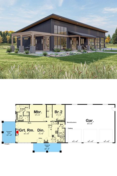 2-Bedroom Barndominium-Style House with Covered Patio and 3-Car Garage (Floor Plans) Modern Style Barndominium, 40x60 Barndominium Floor Plans With Shop, Barndo With Shop Floor Plans, Garage With Living Quarters Floor Plans, Shed House Plans Layout, 30x80 Barndominium, 2 Bedroom Barndominium Floor Plans With Garage, 2 Bedroom Barndominium Ideas, 2 Bedroom Barndominium With Garage