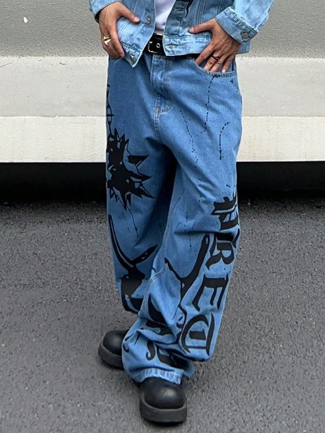 Blue  Collar  Denim Letter Wide Leg Embellished Non-Stretch  Men Clothing Palazzo Jeans Outfit, Oversize Jeans, Jeans Oversize, Jeans Outfit Men, Outfit References, Drippy Outfit, Style Evolution, Oversized Jeans, Oversized Streetwear