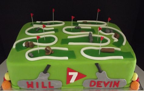 Mini-putt golf cake complete with edible putters Mini Golf Cake, Golf Party Ideas, Mini Golf Party, Cake Designing, Golf Themed Cakes, Mini Putt, Golf Birthday Cakes, Sweet Image, Golf Cake