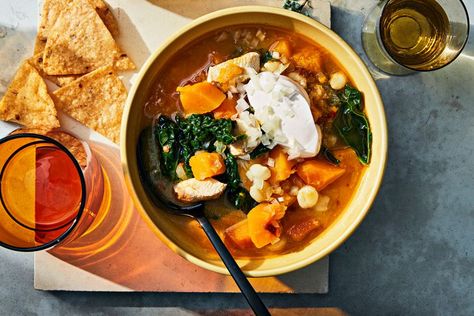 Warm and Comforting Butternut Squash and Chicken Pozole—in Under 30 Minutes Cosy Recipes, Butternut Chicken, Butternut Squash And Chicken, Chicken Pozole Recipe, Chicken And Kale, Protein Soup, Chicken Pozole, Pozole Recipe, Slow Cooker Black Beans