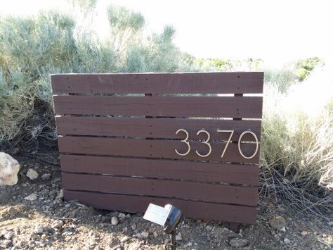 My repurposed pallet turned address marker. Pallet House Number Sign, Pallet Address Sign, Driveway Marker Ideas, Farmhouse House Numbers, Farm Signs Entrance, Diy Address Sign, Dream Backyards, Address Signs For Yard, Driveway Markers