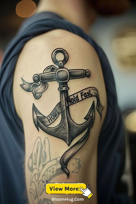 An anchor tattoo on the bicep with a “Hold Fast” ribbon, symbolizing resilience and strength. Anchor Tattoo For Men, Tattoo For Men Ideas, Motivational Tattoos, Ribbon Tattoos, Anchor Tattoos, Bicep Tattoo, Anchor Tattoo, Hold Fast, The Anchor