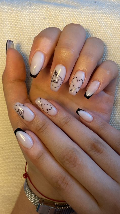 #frenchnails #milkynails #travel #nails #nailart #naildesign #plane #heart #blackandwhite Nail Designs Travel, Nails Travel Vacation, Plane Nails Designs, Nail Designs For Europe Trip, Plane Nail Art, Paris Themed Nails, Paper Airplane Nails, Plane Nails Acrylic, New York Nails Designs Nyc