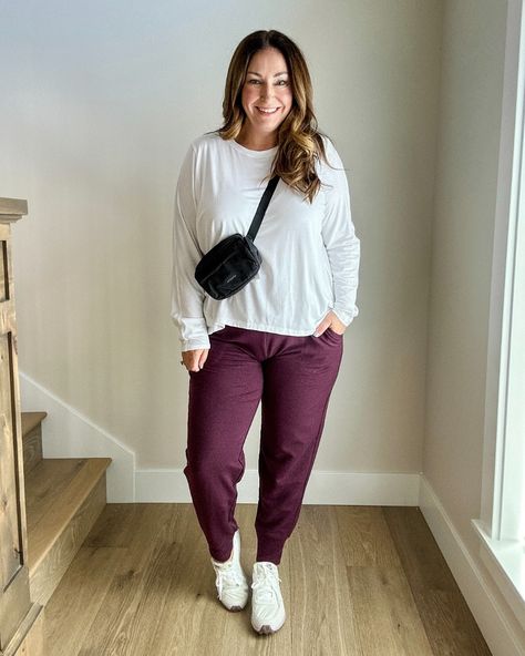 Midsize Fall athleisure outfit | white long sleeve top | maroon jogger pants | black crossbody purse | white sneakers Athleisure Outfits Fall, Maroon Joggers, Fall Athleisure, Athleisure Outfit, Midsize Outfits, Cozy Pants, Purse White, Outfit White, Black Crossbody Purse