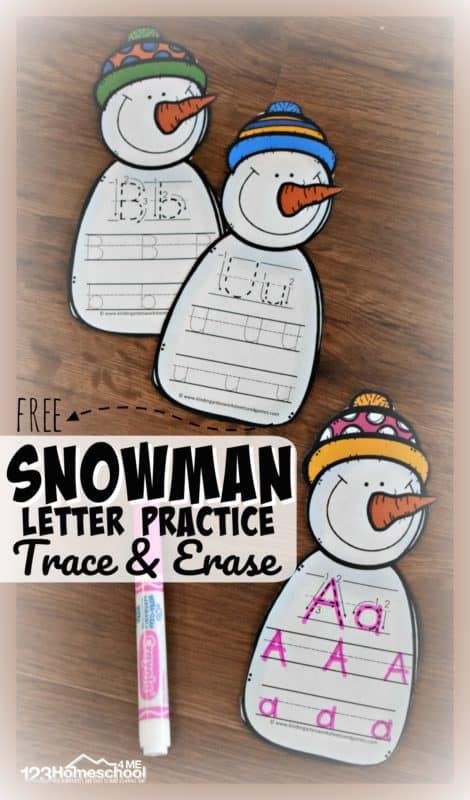 FREE Snowman Letter Practice Trace & Erase - these free printable alphabet practice activity is perfect for winter! These are better than alphabet worksheets because they are reusable and so cute  and fun that toddler, preschool, prek, and kindergarten age kids will WANT to practice writing letters! #alphabet #snowmantheme #snowmanlearning #wintertheme #winterlearning #educationalactivity #preschool #kindergarten #letterpractice Winter Activity Pages Free Printables, December Activities Kindergarten, Snowman Centers Preschool, Winter Preschool Lessons, Winter Alphabet Activities, Winter Language Activities Preschool, Snowman Letters Free Printable, Snowman Letters, Winter Writing Activities Preschool