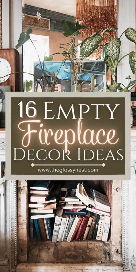 empty fireplace with stacked books Decor In Fireplace, Shelves In Fireplace, Plants Inside Fireplace, What To Do With Old Fireplace Ideas, Inside Of Fireplace Ideas, Kitchen Fireplace Decor, Fireplace Interior Decor, Decorating A Faux Fireplace, Fireplaces With Candles Inside