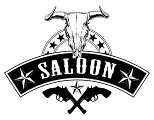 Western Saloon Design is an illustration of a design in the style of the old west in the United States that could be used as a saloon sign. Includes crossed pistols, stars, and a bull skull. Saloon Sign, Lettering Fonts Design, Western Saloon, Wild West Party, Wallpaper Earth, Custom Tee Shirts, Cute Patches, Logo Project, Cowboy Art