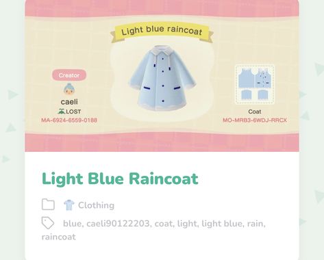 Acnh Raincoat Codes, Acnh Clothes Design Id Blue, Animal Crossing Raincoat, Acnh Raincoat Designs, Acnh Raincoat, Cute Raincoats, Rain Outfit, Acnh Clothes, Blue Raincoat