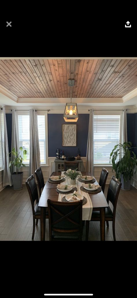 Tongue And Groove Ceiling Dining Room, Dinning Room Ceiling Design Wood, Tray Lighting Ceiling, Natural Wood Tray Ceiling, Tongue And Groove Living Room Ceiling, Paneled Tray Ceiling, Tray Ceiling Ideas Living Room Wood, Wood Ceiling With Crown Molding, Waynes Coating Ceiling Ideas