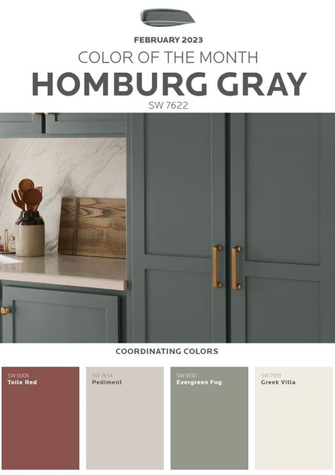 February 2023 Sherwin-Williams Color of the Month: Homburg Gray ��– Renew Painting LLC Kitchen Cabinets Painted Evergreen Fog, Sw 9130 Evergreen Fog, Sw Homburg Gray Cabinets, Sw Forged Steel Paint, Sw Greek Villa Walls Living Room, Sw Homburg Gray Exterior Paint, Sherwin Williams Toile Red, Sw Evergreen Fog Coordinating Colors, Greek Villa And Evergreen Fog