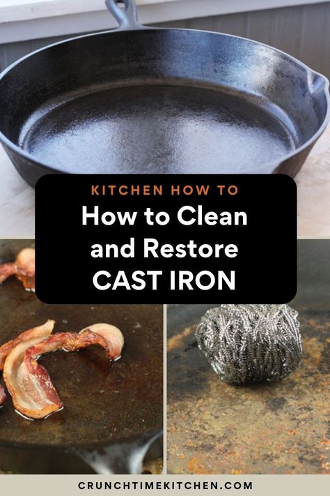 How to clean and reseason an old cast iron skillet. It can be brought back to life really easily with a few hours of basic work! crunchtimekitchen.com #castiron #castironskillets #cleaningcastiron #kitchen #cleaningskillets Cleaning Iron Skillet, How To Clean Old Cast Iron Skillet, How To Reseason A Cast Iron Skillet, Reseason Cast Iron Skillet, Reseason Cast Iron, Clean Cast Iron, Iron Cleaning, Season Cast Iron Skillet, Homemade Cleaner