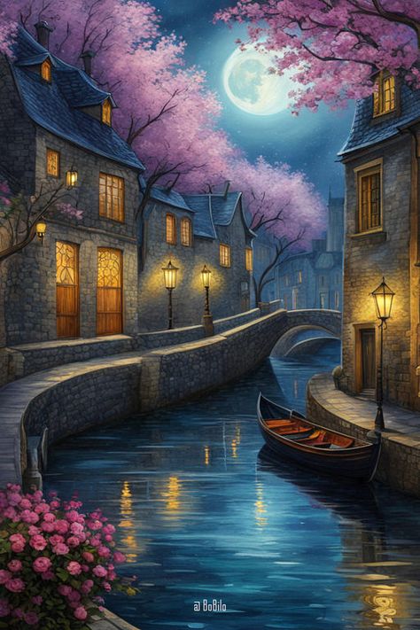 Title: Mystical Moonlit Fantasy Landscapes Town Scenery, Imaginary Places, Magic In The Moonlight, Fantasy Houses, Clip Art Frames Borders, Fantasy Town, Moonlit Night, Dreamy Landscapes, Art Frames