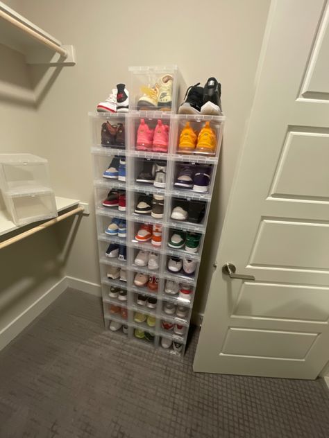 Jordan nike sneaker collection container store shoe box clear shoe box Shoe Cubes In Closet, Shoe Box Room Decor, Nike Shoe Boxes On Wall, Diy Jordan Shoe Box Storage, Shoe Boxes On Wall, Shoes In Closet, Shoe Closet Organization, Jordan Shoe Box Shelf, Jordan Shoe Box Wall Display