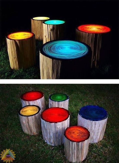 Glow in the dark log seats.  Paint the faces of the logs you'll be using as seats, or other porous surfaces around the campfire with glow in the dark paint. Leave the surfaces you've painted out in the sunlight prior to the gathering. We recommend a clear epoxy base mixed with a glow in the dark powder. By painting with a glow in the dark powder mixed with clear epoxy you are avoiding problems like paint rubbing off on clothing and are sealing the wood. Log Stools, Glow In The Dark Paint, Dark Paint, The Grass, Outdoor Projects, Diy Projects To Try, Garden And Yard, Curb Appeal, Diy Garden