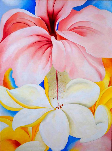 lilacs and wild geese: georgia-o-keeffe: Hibiscus with Plumeria, 1939,... Georgia O'keefe Art, Georgia O Keeffe Paintings, O Keeffe Paintings, Georgia Okeefe, Camille Claudel, Alfred Stieglitz, Illustration Botanique, Jeff Koons, Georgia O Keeffe