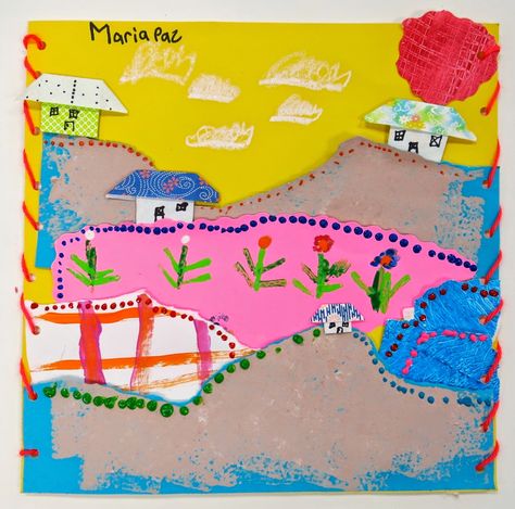 2nd grade collage landscapes inspired by Chilean stitched art called arpilleras Collage Landscapes, Multicultural Art, Hispanic Art, Collage Landscape, Cassie Stephens, Simple Collage, 2nd Grade Art, 3rd Grade Art, Classroom Art Projects