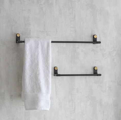 Black Steel Towel Racks In Small And Gold By Sophie MacBain | notonthehighstreet.com Black And Brass Bathroom, Chunky Furniture, Vintage Bathroom Accessories, Industrial Bathroom Decor, Black Towel Rail, Elegant Bathrooms, Industrial Mid Century Modern, Industrial Mid Century, Bathroom Accessories Design