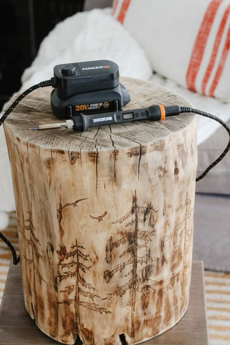 *This post was sponsored by Worx Tools. All opinions are my own. Today I want to show you how you can turn a simple log into a really awesome side table. I made this log side table for our living room and I think that it turned out so stylish. Plus it was super fun to make. Continue reading to see how to make your own log side table. Step 1. Find a Log If you have a wood pile then there's a good chance that you may already have the perfect log in your own backyard. But if not, you… Diy Wood Stump Side Table, Diy Wood Log Projects, Diy Wallpaper Headboard, Log End Tables, Log Side Table, Tree Stump Side Table, Log Coffee Table, Recovering Chairs, Wicker House